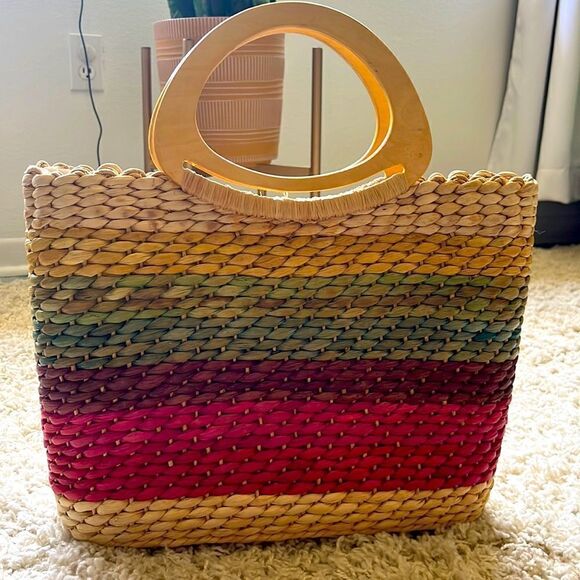 Vintage Straw Handbag - Authentic Cappelli Wooden Handled Purse Beautiful - Picture 1 of 16